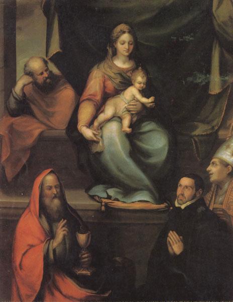 Prado, Blas del The Holy Family,with SS.Ildefonsus and john the Evangelist,and the Master Alonso de Villegas